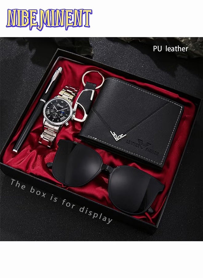 NIBEMINENT 5pcs Elegant Men's Quartz Watch & Accessory Gift Set - Includes Stylish Fashion Glasses, Wallet, Keychain, Fountain Pen in Faux Leather Display Box - Ideal Trendy Present for Friends - Image 1